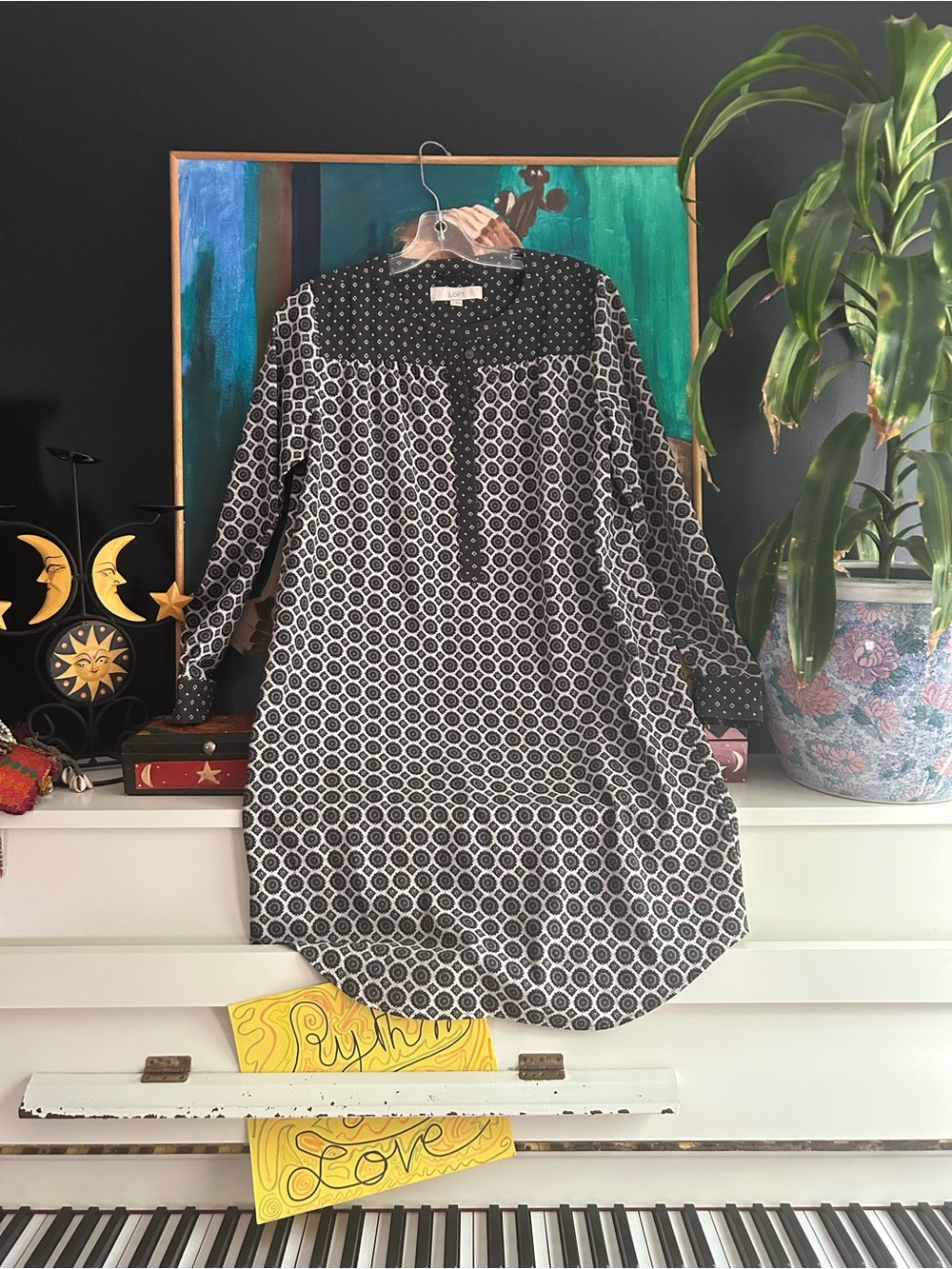 LOFT Black White Printed Tunic Dress Long Sleeve Shift Women’s Size Medium - Picture 4 of 15